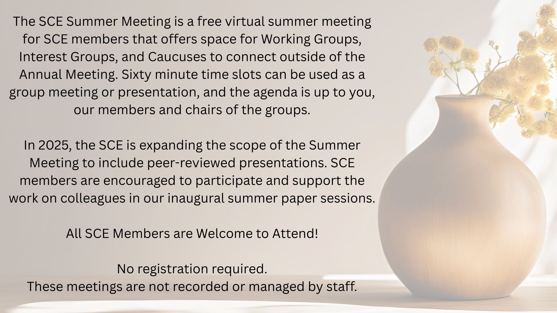 Image states: The SCE Summer Meeting     The SCE Summer Meeting is a free virtual summer meeting for SCE members that offers space for Working Groups, Interest Groups, and Caucuses to connect outside of the Annual Meeting. Sixty minute time slots can be used as a group meeting or presentation, and the agenda is up to you , our members and chairs of the groups.     In 2025, the SCE is expanding the scope of the Summer Meeting to include peer-reviewed presentations. SCE members are encouraged to participate and support the work on colleagues in our inaugural summer paper sessions.     ….  ….     All SCE Members are Welcome to Attend!     No registration required.  These meetings are not recorded or managed by staff.